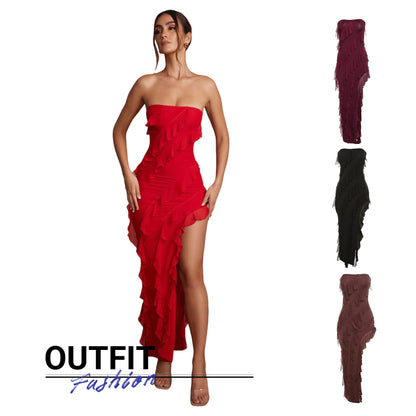 Robe tube tendance d'été 2024 pour femmes, tenue de soirée moulante, dos nu, fendue, à pompons, pour fête d'anniversaire, clubwear