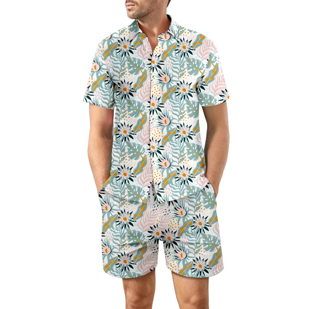 Ensemble 2 pièces chemise de plage imprimée costume d'été haut à revers ample boutonné et poches à cordon short décontracté à manches courtes costumes pour hommes vêtements