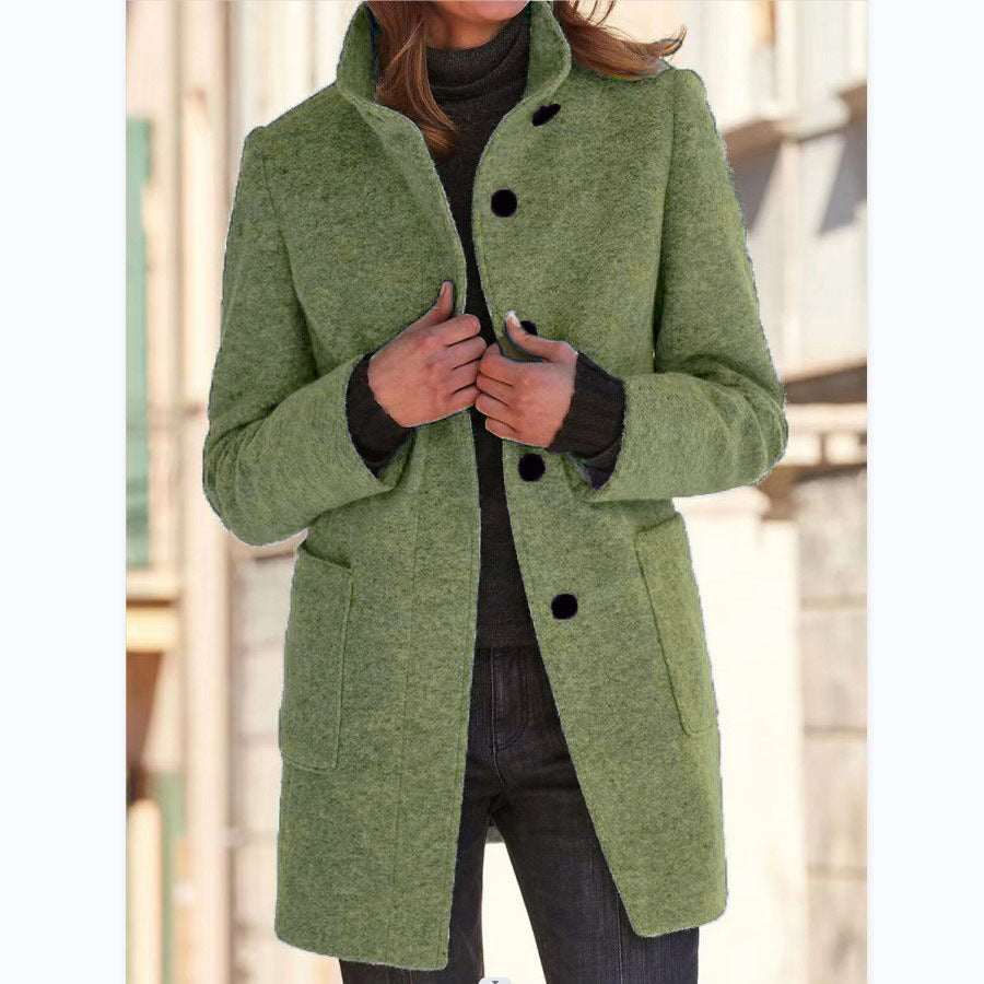 Manteau en laine à col montant avec poches pour femme, vêtement d'extérieur décontracté à boutons pour l'automne et l'hiver