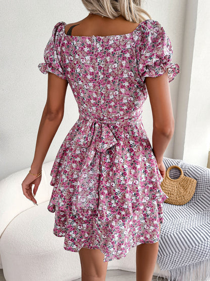 Robe mini pour femme, tenue d'été ample, ourlet ample, imprimé floral, froncée, manches courtes, taille haute