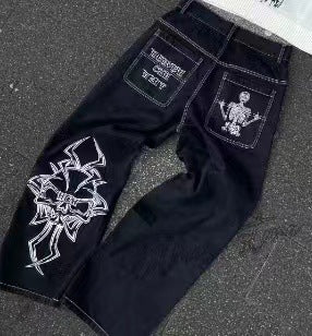 Embroidered Skull Cotton Casual Straight Pants