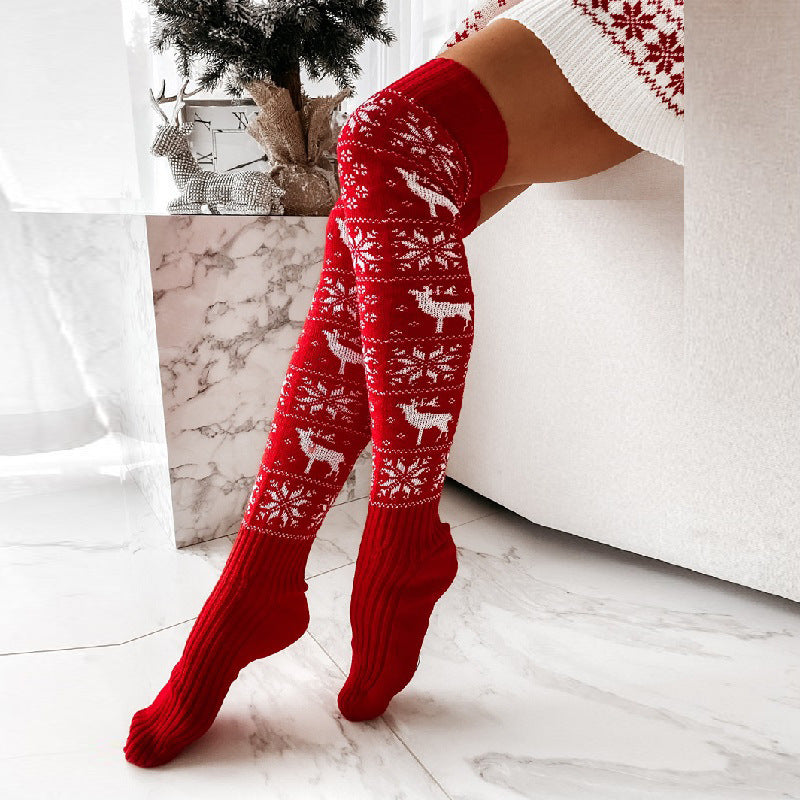 Chaussettes tricotées chaudes d'hiver pour femmes, magnifiques chaussettes longues décontractées en jacquard avec flocons de neige et élan, taille unique