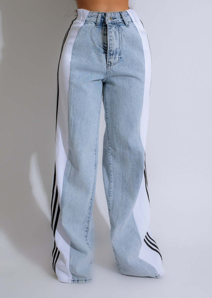 Pantalon décontracté taille haute élastique à jambe droite à trois bandes en denim patchwork à jambes larges, streetwear, mode 2024