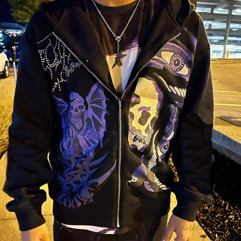 Men's Rhinestone Skull Purple Print Sreetwear Oversized Hood