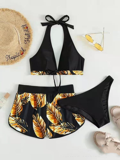 Maillot de bain 3 pièces imprimé feuilles avec short pour femme, vêtements d'été à la mode pour la plage