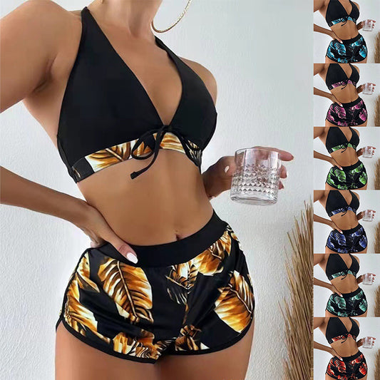 Maillot de bain 3 pièces imprimé feuilles avec short pour femme, vêtements d'été à la mode pour la plage