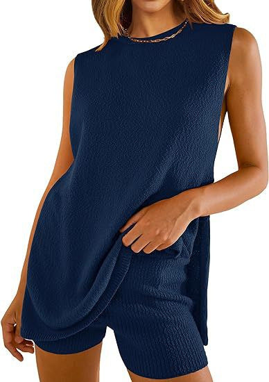 Ensemble de tricot 2 pièces pour femme, haut ample à col rond et short fendu, vêtements de plage