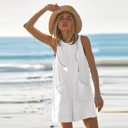 Combinaison ample de couleur unie avec poches, short cargo droit d'été à la mode, pantalon salopette, vêtements de plage pour femmes