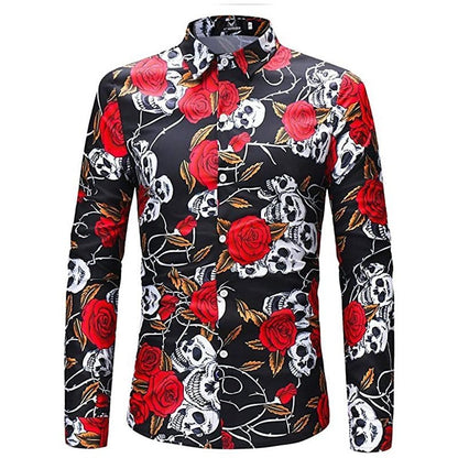 Chemise imprimée 3D motif tête de mort et rose pour homme