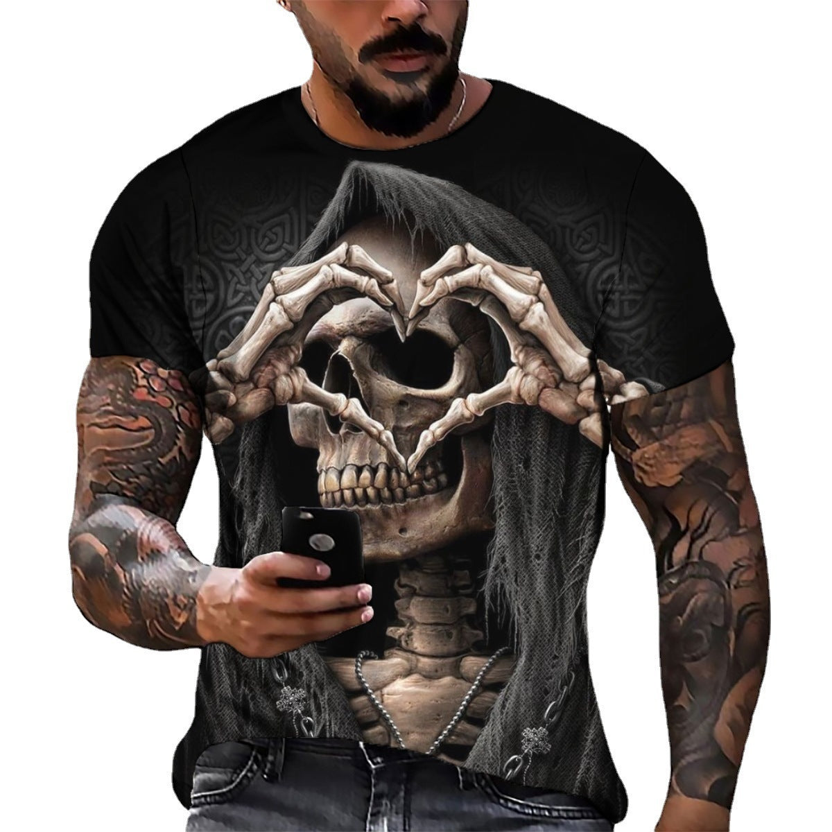 3D Digital Printing Skull Heart Skull Men's Casual Loose Short Sleeve T-shirt