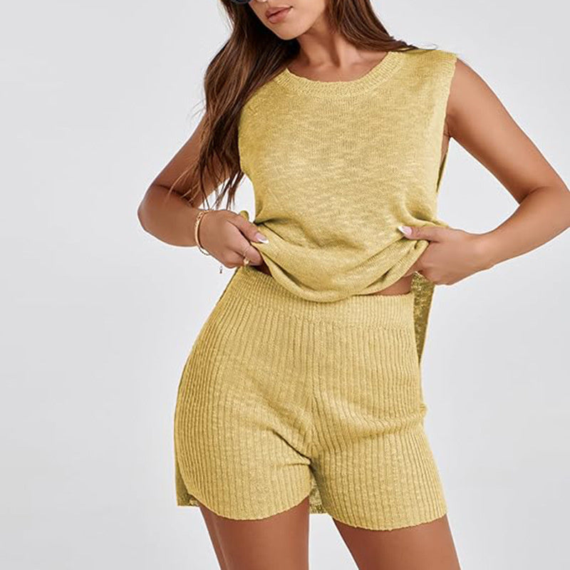 Ensemble de tricot 2 pièces pour femme, haut ample à col rond et short fendu, vêtements de plage