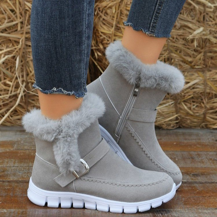 Nouvelles bottes de neige d'hiver chaudes et épaisses de couleur unie en peluche avec boucle et chaussures plates en velours pour femmes