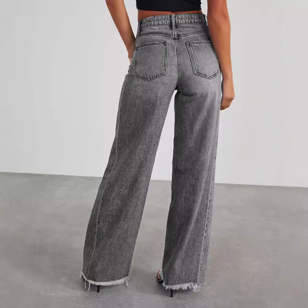 Jean taille haute tendance avec poches, pantalon confortable à coupe slim et jambes larges, vêtements pour femmes