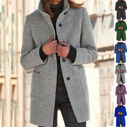 Manteau en laine à col montant avec poches pour femme, vêtement d'extérieur décontracté à boutons pour l'automne et l'hiver