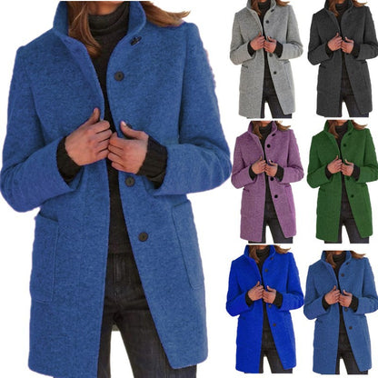 Manteau en laine à col montant avec poches pour femme, vêtement d'extérieur décontracté à boutons pour l'automne et l'hiver