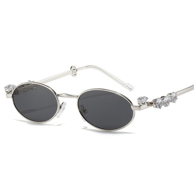 Diamond Decoration Oval Metal Sun Glasses