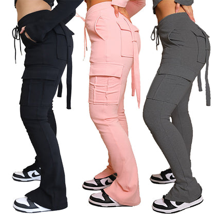 Pantalon cargo avec poches taille haute avec cordon de serrage, pantalon large et droit pour femme