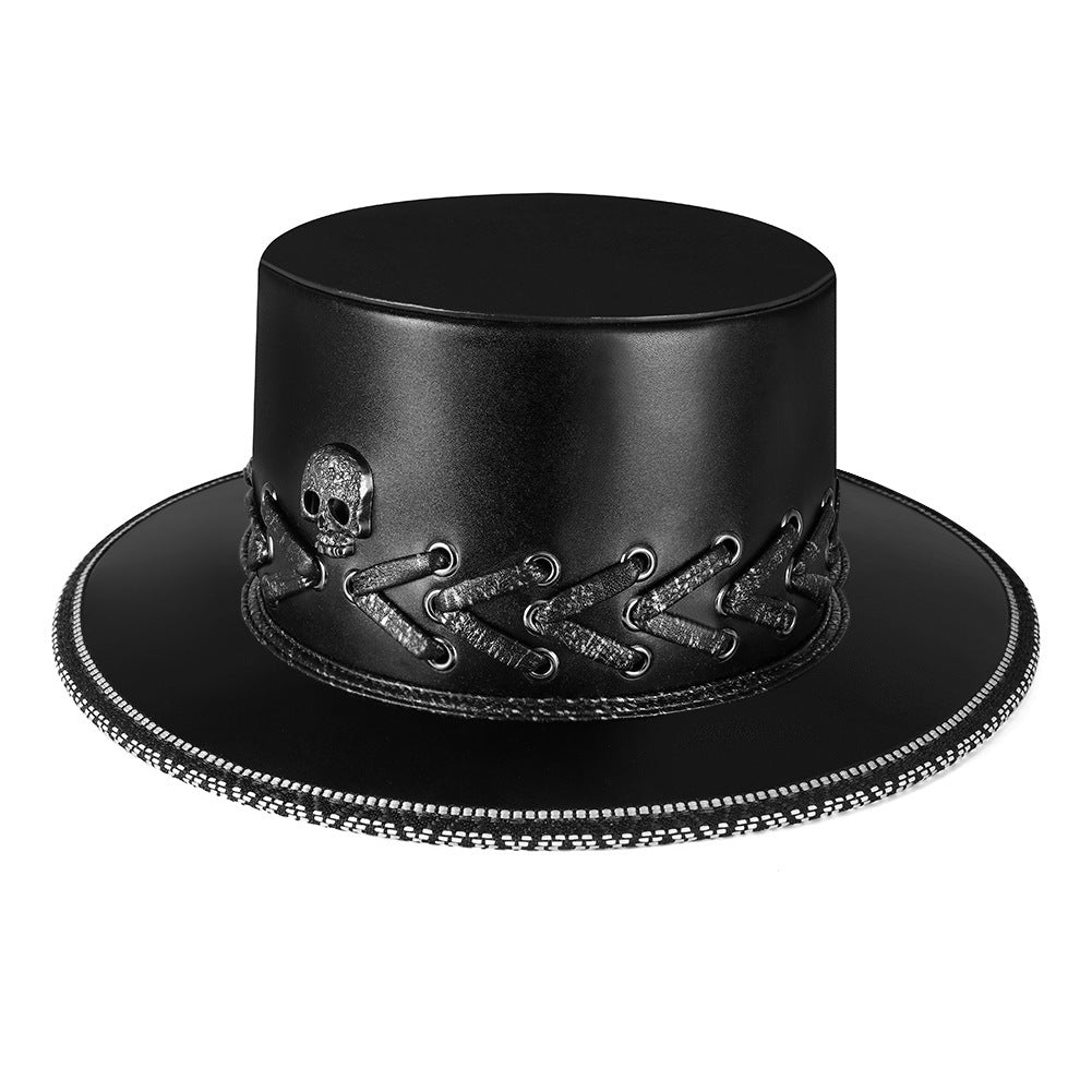 Chapeau haut de forme noir avec tête de mort punk pour Halloween